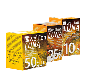 Wellion LUNA Blutzuckerteststreifen. High Tech Produkt. Besteht aus verschiedenen Schichten. NO CODE Technologie. Handliche Größe. Sip-in-Technologie verhindert eine Kontamination mit Blut. Für das Wellion LUNA Blutzuckermessgerät. 5 Stück und 10 Stück. Foto